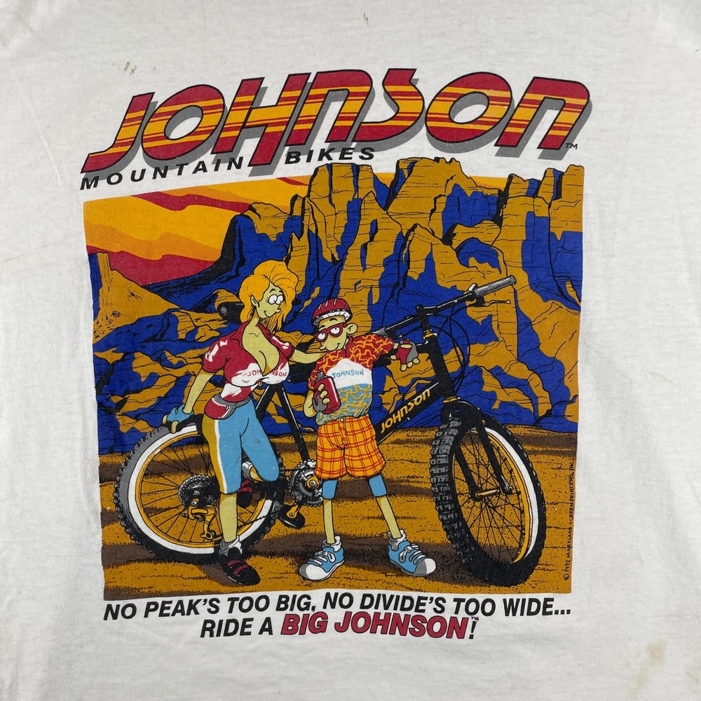 Vintage Big Johnson T Shirt Mens XL White Mountain Bikes Graphic Tee Distressed
